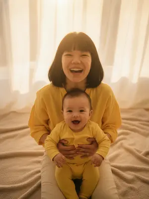 На фоне светлой ткани, освещенной мягким золотым светом заката, мама и ее малыш играют и смеются. Нейросеть создаст уютный семейный портрет с высоты: они располагаются на бежевом покрытии, окруженные атмосферой тепла и радости. Яркие лимонные наряды придают сцене свежесть, а искренние улыбки и солнечные блики создают ощущение нежности и естественности. Вы можете загрузить фотографию и, если хотите, указать детали внешности или стиль одежды. 