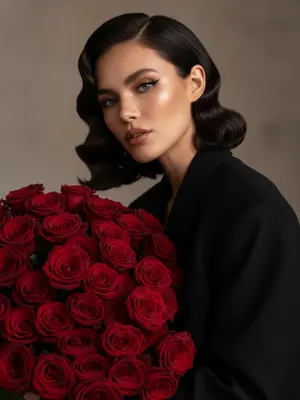 Великолепный fashion-портрет в стиле luxury editorial, показывающий женщину в крупном плане с пояса. Она изогнулась к огромному, великолепному букету, который наполняет передний план кадра. Ее взгляд наполнен мягкостью и уверенностью, направленный прямо в объектив.
На ней черный оверсайз-пиджак премиум-класса с четкими линиями плеч. 
Макияж выполнен в стиле luxury soft glam: длинные, пышные ресницы с эффектом лисьих, графичные черные стрелки, ламинированные брови, легкое контурирование, персиковые румяна, золотистый хайлайтер, губы с четким контуром в нюдово-коричневых тонах и блестящим финишем.
Фон остается минималистичным и нейтральным, в теплых бежево-серых оттенках, лишен лишних деталей. Освещение сочетает мягкий студийный свет с прямой вспышкой камеры, создавая контрастные оттенки, естественные блики на коже, лепестках роз и ткани пиджака. Глубокие, но мягкие тени подчеркивают объем и создают атмосферу роскошной журнальной съемки.
Изображение полно деталей: текстура кожи с видимыми порами, отдельные пряди волос, бархатистые лепестки, фактура ткани пиджака. Фото обладает живым RAW-эффектом, легким пленочным зерном, без ретуши, без пластичности кожи, без искусственных AI-эффектов. 