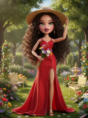 Create a new illustration based on the following prompt:

A young woman with long flowing hair wearing a vibrant red dress is standing confidently in a sunlit garden. She is holding a bouquet of colorful wildflowers in one hand and adjusting a wide-brimmed straw hat with the other. The sunlight filters through the leaves of the trees, casting dappled shadows on the ground around her. The woman's expression is serene and content, with a slight smile playing on her lips. The background features a variety of blooming flowers and lush greenery, creating a peaceful and idyllic setting. The overall atmosphere is one of tranquility and natural beauty. 