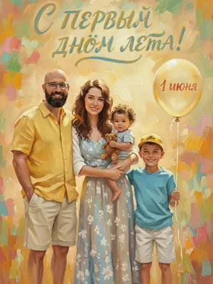 На холсте запечатлены два персонажа, стоящие рядом друг с другом. Они окружены нежной атмосферой, слегка прижимаясь друг к другу, с легкими улыбками на лицах. Одежда, в которой они изображены, яркая и праздничная, в летних оттенках желтого, белого, голубого, кремового и бежевого. Каждый образ гармонично сочетается с другим, подчеркивая индивидуальность каждого персонажа.

Один из них держит воздушный шарик, на котором видна надпись на русском языке: «1 июня». В руках у ребенка, если он присутствует на сцене, могут быть маленькие игрушки - машинка для мальчика или медвежонок для девочки, создающие милую деталь в композиции. Художник передал эту картину с использованием густых мазков масляной живописи, с выразительными штрихами кисти.

Фон выполнен в теплых разноцветных тонах с художественными мазками, создающими атмосферу уюта и тепла. Мягкий солнечный свет проникает сквозь холст, придавая изображению живость и объем. Детали изображены с высокой детализацией, создавая ощущение присутствия в моменте, запечатленном на холсте. Результат - живой кадр, полный теплоты и радости, который можно рассмотреть в высоком разрешении 8K. 