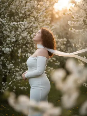 A woman stands gracefully amidst a lush garden filled with delicate white flowers in full bloom. Her profile is elegant, body angled away with her head tilted upwards towards the radiant sunlight, eyes peacefully closed in contemplation.

The camera captures her from mid-thigh to head, providing a captivating view of her serene expression. The angle is slightly below eye level, creating an intimate and engaging perspective with an 85mm lens.

She is adorned in a long, form-fitting white dress with sleek sleeves that extend to her wrists, the design featuring an alluring off-the-shoulder style that reveals her bare shoulders. A delicate white ribbon scarf adorns her neck, its ethereal fabric fluttering gently in the breeze as it gracefully extends across the frame.

The garden is alive with the dense white blossoms that envelop the woman, mirroring the serene beauty of the scene. In the foreground, the flowers are softly blurred, partially obscuring the bottom and right side of the frame, adding a sense of depth and dimension.

The background is filled with a soft, dreamy display of white blossoms and warm bokeh, creating a tranquil and enchanting backdrop for the woman. The golden hour sunlight bathes the scene from the top right, casting a strong, warm backlight that creates a glowing rim light on her hair and shoulders, with the sun peeking through the branches in the distance.

The lighting accentuates the woman's features with a shallow depth of field, ensuring she remains sharp and in focus while the foreground and background blend into soft, gentle bokeh. The overall atmosphere is imbued with warm, cinematic tones, soft highlights, and a photorealistic quality that captures every intricate detail of the scene. 