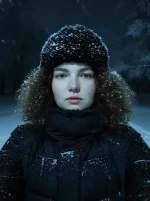 На снежной улице в ночное время, женщина делает селфи крупным планом. Ее волосы и глаза выглядят выразительно, украшенные снежинками. Зимняя шапка из искусственного меха на ее голове почти полностью покрыта снегом, так же как и пуховая куртка на плечах и воротнике.

Мягкий холодный свет ночи освещает ее сверху и слегка сбоку, придает легкое сияние щекам и создает легкие отражения на куртке. 

Женщина держит камеру ниже уровня глаз, снимая свое лицо снизу вверх. Ее губы слегка раскрыты, лицо выражает спокойствие, но при этом остается выразительным. 

Фоном служит темное зимнее небо, едва заметные ветви деревьев покрыты инеем, создавая минимальную видимость для придания драматического настроения. 

Атмосфера снимка – холодная и кинематографичная, наполненная чистой зимней энергией. Портрет выглядит стильно и современно, с черными шапкой и курткой, естественной текстурой и деталями. 