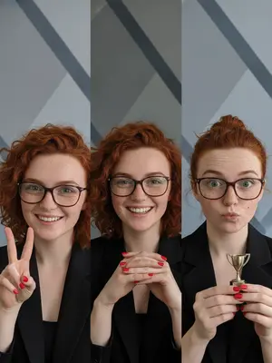 Создайте стильный офисный коллаж, состоящий из трех жизнерадостных селфи. На каждом изображении вы будете в черном жакете, с ярким маникюром красного цвета и в очках. Каждое фото должно передавать новое игривое настроение, отражая ваше разнообразное выражение лица. Выберите подходящую прическу и, если хотите, добавьте детали, которые подчеркнут вашу индивидуальность, чтобы получить реалистичный деловой бьюти-портрет. 