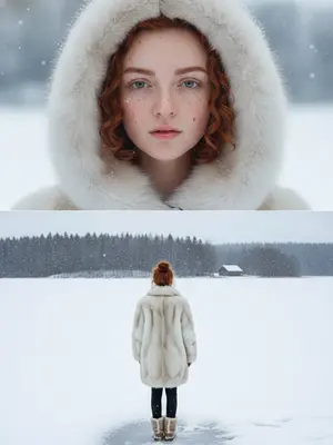 Создай коллаж, сохраняя черты моего лица. В верхней части (близкий план лица в капюшоне): Я, молодая женщина, предстаю в детальном портрете с чувственным выражением лица, закутанная в светлый меховой капюшон. Фон зимний, а мой макияж натуральный и свежий, с румянцем и блеском на губах. Мой взгляд спокойный, направленный прямо в камеру. Фотография имеет кинематографическое качество, глянцевый стиль и естественное зимнее освещение.

В нижней части (спина к озеру): Я стою спиной к камере в светлой меховой шубе, волосы собраны в небрежный пучок. Мои стопы находятся на краю замерзшего озера, а на горизонте виднеются несколько темных деревьев и маленький деревянный домик. Фотография олицетворяет зимний романтизм, с кинематографическим качеством и естественным дневным освещением. Это профессиональная студийная или журнальная съемка в идеальном свете и качестве 8К. 