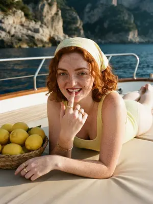 На яхте, в атмосфере Dolce Vita, женщина с лимонной банданой лежит на санбэде рядом с плетеной корзиной, полной лимонов. Ее средний план показывает, как она лежит на животе, поднявшись на локтях. Пальцы правой руки игриво прикасаются к губам, ноги согнуты, взгляд устремлен в объектив. Она одета в купальник пастельно-желтого оттенка из фактурной ткани и подходящую бандану. На ее руках блестят золотые кольца и браслет. Ягодная помада украшает ее губы. Фон заполнен плетеной корзиной, а за ней виднеется палуба, скалы и голубое море. Теплый свет создает золотистые отражения на ее коже. Фотоаппарат с объективом 50 мм, f/2.2, ISO 100, формат RAW, захватывает детали лимонов, украшений, банданы и губ. Нет искусственного разглаживания кожи, только естественная текстура и видимые поры. 