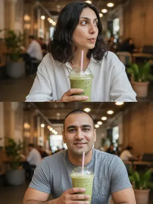 Создайте фотореалистичный вертикальный коллаж из двух кадров, где люди позиционированы точно так же, как на предоставленном схематическом референсе. Разместите один стакан матча латте между кадрами, выходящий за пределы границ. На последнем кадре показано, как люди должны быть расположены. 