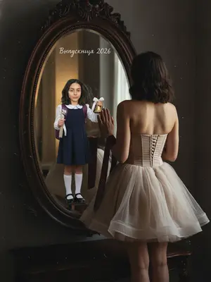 Пленка старых времен оживает в деталях: кожа, волосы, одежда - каждый элемент пропитан текстурой и глубиной. Отдельные волокна бровей и ресниц, тонкие линии на коже, все это выступает во всей своей красе на фотографии. Свет играет с контурами, создавая атмосферу ностальгии и загадочности. Зернистость и пыль на поверхности придают кадру особый шарм, словно сцена из кинематографа. 

В центре внимания - массивное овальное зеркало в темной деревянной раме с изысканными узорами. Оно стоит рядом с взрослой дамой, которая уткнулась в него ладонью, словно погружаясь в свое отражение. Зеркало занимает большую часть правой стороны кадра, словно отражая не только образ модели, но и ее внутренний мир. 