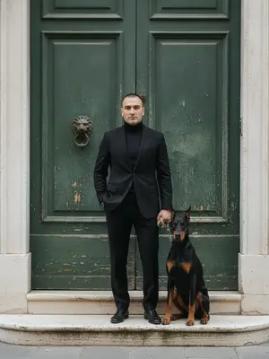 На фотографии до пояса изображена модель, стоящая у массивной зеленой деревянной двери старинного венецианского палаццо. Дверь облупившаяся, покрытая патиной, с бронзовой ручкой в форме львиной головы и каменными ступенями. Модель одета в классический черный мужской костюм с под ним водолазкой, расстегнутой небрежно, одна рука в кармане, другая держит поводок. Рядом спокойно сидит доберман. Ее взгляд задумчивый и уверенный, направленный прямо в объектив камеры. Освещение мягкое и естественное, создающее легкие тени. Фотография выполнена с использованием мелкого пленочного зерна на среднеформатную камеру с объективом 85мм. Контраст мягкий, текстура ткани и дерева на фоне реалистична, создавая кинематографическую атмосферу. 