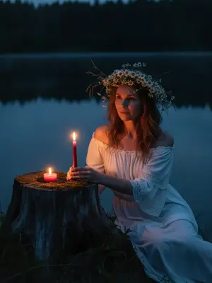 In the tranquil twilight by a serene lake, a woman is seated next to an ancient tree stump. Her posture exudes a dreamy relaxation, leaning slightly forward, one arm casually draped over her knee, the other hand delicately cradling a slender crimson candle beside another flickering flame on the stump. She wears a vintage off-shoulder peasant dress in white, adorned with intricate lace accents and gentle fabric drapes. Her hair is styled with a natural softness, featuring loose strands framing her face.

Adorning her head is a lavish crown of wildflowers, crafted from chamomile blooms, meadow grass, and delicate white blossoms. The background is enveloped by a dark forest and the placid waters of the lake, while the warm glow of the candles casts a gentle light on her face and hands, creating deep blue shadows in the mystical ambiance of a summer night.

Captured with the night mode of an iPhone, the image boasts a realistic grain in low light, with adjusted exposure to maintain sharpness and clarity, devoid of flash, blur, or bokeh effects. 