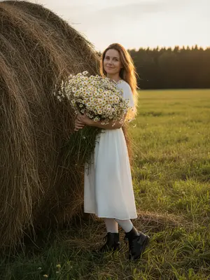 Изображение женщины в сельской местности на закате. Она стоит у большого стога сена, в ее руках огромный букет полевых ромашек. Цветы широко распространяются, создавая яркую палитру на фоне заката. 