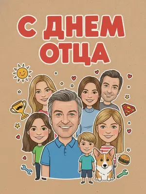 На изображении изображены два лица в мультяшном стиле, вырезанные из фотографий, с добавленными большими головами в ярком коллаже. Фон выполнен в стиле крафтовой бумаги с надписью "С ДНЕМ ОТЦА" и разноцветными яркими наклейками. 