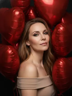 На темном фоне расположена женщина в стиле Valentine's Day. Ее лицо освещено мощной вспышкой, создавая ультрафотореалистичный портрет. Вокруг нее тесно расположены красные воздушные шары в форме сердец, создавая визуальную рамку вокруг лица и плеч. Шары, частично перекрывая тело, добавляют атмосферу романтики.

Модель представлена в минималистичном образе с открытыми плечами, приковывая внимание к лицу. Ее макияж выдержан в нейтральных тонах: ровный тон кожи, черные стрелки, тени с блеском, глянцевые губы и длинные ресницы. С немного наклоненной головой и кокетливым выражением лица, модель создает загадочный образ.

Освещение обеспечивает профессиональный эффект, подчеркивая каждую деталь портрета. Вся композиция центрирована, придавая уравновешенность и гармонию. 