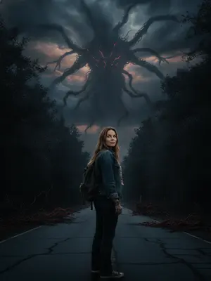 Создайте изображение, вдохновленное Stranger Things: загадочная обстановка, кинематографическая атмосфера, Монстр-Майнд Флаер в небесах. Изображение передаст атмосферу сериала «Очень странные дела» с таинственным настроением и кинематографическим эффектом. На фотографии запечатлен человек, стоящий на дороге, под угрожающим небом, за которым вырисовывается силуэт Монстра Mind Flayer. Просто загрузите свою фотографию, остальные детали не требуются. 