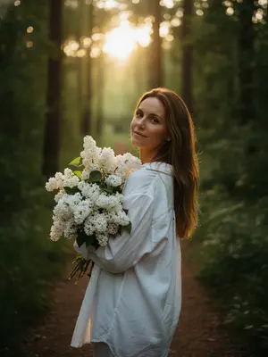 Фотография модели в лесу летом, снятая на Hasselblad X2D II 100C, 85mm объектив, f/1.8, крупный план, камера расположена на уровне талии и немного в стороне. Модель стоит на узкой тропинке среди густого леса, повернувшись через плечо к камере. В ее руках огромный букет цветов, который нежно обнимает, частично скрывая плечо и грудь. Лицо выражает спокойствие и чувственность, едва заметная улыбка, расслабленные губы, взгляд направлен прямо в объектив. На ней свободная белая длинная рубашка oversize с длинными рукавами, подсвеченная солнцем, ткань немного мятая. Кожа ровная, сверкающая, с легким загаром и текстурой, придающей реализма. Макияж мягкий и натуральный: легкое контурирование, пушистые брови, длинные ресницы, теплый свечение на коже. Теплый золотистый свет заката проникает сквозь листву, создавая кинематографичное освещение вокруг силуэта, играя на сирени и ткани одежды, образуя глубокие тени в лесу. Атмосфера тихая, живая и немного мечтательная, словно сцена из художественного фильма. Настроение задумчивое, с теплыми золотистыми оттенками, насыщенными зелеными тонами, мягким туманом, слегка зернистым эффектом, роскошным эстетическим видом в стиле Pinterest и фотореалистичным качеством RAW. 