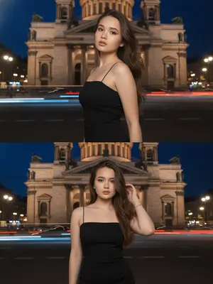 Фотография выполнена в стиле ультрареализма на смартфон, используя камеру Iphone 17 pro. Вертикальный коллаж состоит из двух размытых ночных снимков, разделенных горизонтальной чертой. На заднем плане виднеется величественный собор с колоннами, освещенный теплыми уличными фонарями. Человек, изображенный на обоих кадрах, стоит на дороге, съемка выполнена с низкого ракурса, подчеркивающего архитектурные детали. Небо над городом окрашено в глубокий синий оттенок, а улицы переливаются синими и желтыми огнями. В кадре заметны размытые следы фар и движения машин, создающие атмосферу живого и динамичного городского пейзажа. 