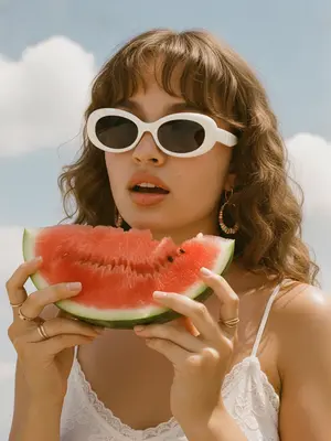 Летний fashion-портрет, созданный в стиле пленочной эстетики, представляет собой крупный план женского лица и верхней части тела. Взгляд женщины направлен прямо в камеру, губы слегка раскрыты, а в руке она держит ярко-красный ломоть арбуза, который подносит к губам. Ее голова слегка приподнята, а лицо выражает чувственное и легкое летнее настроение.

Женщина одета в белый топ с кружевными рюшами на тонких бретелях. Украшения включают золотые серьги с яркими бусинами и тонкие кольца из золота. Ее загорелая кожа сияет на солнце с легким влажным блеском. Макияж натуральный, с ровным светящимся тоном, выразительными бровями, мягкими тенями и глянцевыми губами.

Фоном для портрета служит ясное голубое летнее небо с нежными белыми облаками. Яркий солнечный свет создает глянцевые блики на коже и сочные тени, наполняя сцену ощущением знойного дня. Цветовая коррекция придает изображению теплые насыщенные тона, а мягкий контраст между голубым небом и теплой кожей добавляет летнего редакторского вайба. 