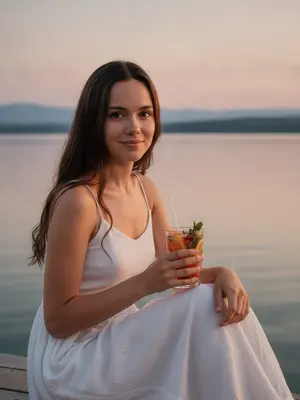 На закатной террасе у озера создается уютный летний портрет. Лучи солнца мягко касаются кожи, раскрывая теплые оттенки. В руках девушки блестит стеклянный стакан с освежающим напитком, яркими фруктовыми красками. Ее улыбка легка и непринужденна, словно отражает спокойствие вечерней атмосферы. Фоном служит озеро, плавно отражающее оттенки заката. Этот образ идеально подходит для создания нежного лайфстайл-фото с видом на водную гладь. Детали образа: стройная фигура, длинные волосы, играющие на солнце, и легкий летний наряд, подчеркивающий образ естественной красоты. 