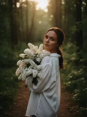 Фотография модели в лесу летом, снятая на Hasselblad X2D II 100C, 85mm объектив, f/1.8, крупный план, камера расположена на уровне талии и немного в стороне. Модель стоит на узкой тропинке среди густого леса, повернувшись через плечо к камере. В ее руках огромный букет цветов, который нежно обнимает, частично скрывая плечо и грудь. Лицо выражает спокойствие и чувственность, едва заметная улыбка, расслабленные губы, взгляд направлен прямо в объектив. На ней свободная белая длинная рубашка oversize с длинными рукавами, подсвеченная солнцем, ткань немного мятая. Кожа ровная, сверкающая, с легким загаром и текстурой, придающей реализма. Макияж мягкий и натуральный: легкое контурирование, пушистые брови, длинные ресницы, теплый свечение на коже. Теплый золотистый свет заката проникает сквозь листву, создавая кинематографичное освещение вокруг силуэта, играя на сирени и ткани одежды, образуя глубокие тени в лесу. Атмосфера тихая, живая и немного мечтательная, словно сцена из художественного фильма. Настроение задумчивое, с теплыми золотистыми оттенками, насыщенными зелеными тонами, мягким туманом, слегка зернистым эффектом, роскошным эстетическим видом в стиле Pinterest и фотореалистичным качеством RAW. 
