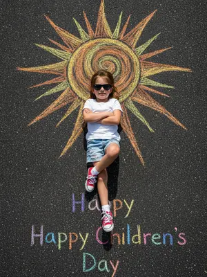 From above, a child lounges on the rough, dark asphalt. Above their head, a sun drawn in bright chalk beams with vibrant rays. The child sports black shades, a tee, denim shorts, and sneakers paired with white socks. Their arms are folded on the chest, legs crossed at the ankles. The chalk sun shimmers in yellow, orange, and golden hues. The harsh midday sunlight casts sharp shadows, creating a high-contrast scene. The atmosphere is playful and summery. On the ground, colorful chalk letters spell out "Happy Children's Day". The image is photorealistic, in 8k resolution, with intricate details. 