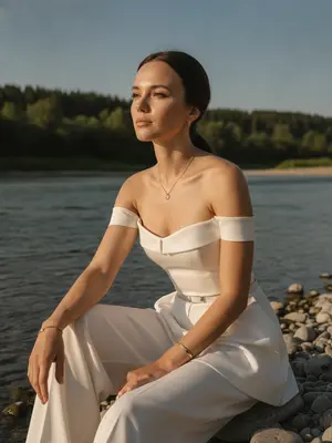 Женщина сидит на гладких камнях у реки, где вода плавно шуршит. Ее тело немного повернуто к воде, одна нога изящно согнута, ступни касаются воды. Взгляд устремлен вдаль, лицо выражает задумчивость и спокойствие. Фотография вертикальная, сделана на уровне глаз с небольшим наклоном. На шее блестит тонкая цепочка с кулоном, а на запястье носит минималистичный браслет. 
