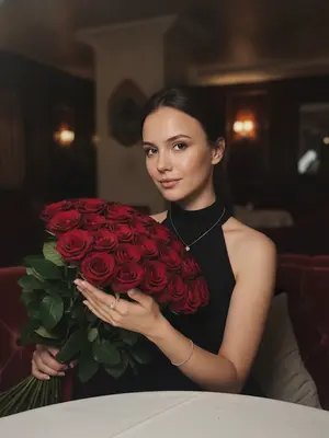 В роскошном ресторане, мрачное освещение, женщина за столиком с белым скатертью. В руках у нее огромный букет из 51 красной розы. Ее взгляд направлен прямо в объектив, намек на улыбку на лице. Фотография запечатлела ее в движении, добавляя динамики, немного размытая. Макияж гламурный, но природный, на руке блестит серебряный браслет, а пальцы украшены кольцами, маникюр нежный. На шее тонкая цепочка из серебра с маленьким кулоном. 
