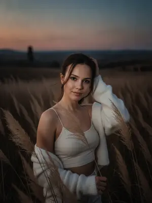 На фотографии изображена женщина, стоящая по пояс в высокой пампасной траве на заднем плане за городом. Камера расположена на уровне ее глаз. Вокруг нее расстилается природное открытое пространство с видом на холмы, редкие деревья и линию горизонта. Мягкие колосья травы плавно колышутся на ветру, создавая атмосферу спокойствия. Съемка происходит в переходный момент между закатом и сумерками, когда небо приобретает мягкий естественный градиент цветов. 