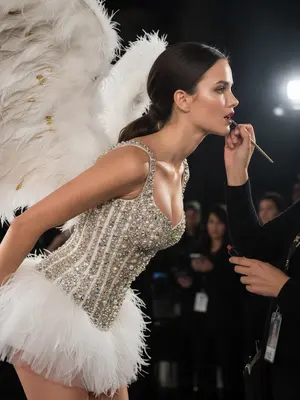 Создайте изысканную фотосессию в стиле Victoria's Secret. Молодая женщина стоит в профиль, слегка наклонившись вперед, готовясь к выходу на подиум. Визажисты наносят на нее помаду, их руки видны в кадре. На ней корсет, украшенный бисером и кристаллами, короткая пышная юбка и большие перьевые крылья. Изображение передает атмосферу «закулисья». Фон темно освещен, вероятно, это подиумное помещение. Основное внимание уделено лицу девушки и деталям ее наряда. Важно подчеркнуть выразительность взгляда и роскошь костюма. Фотография освещена вспышкой, что подчеркивает блеск бисера и кристаллов на корсете, а также сияющую кожу модели. Стиль Victoria's Secret: чувственность, роскошь, гламур. Разрешение 8K. Очень детализированное изображение. Важно сохранить исходное лицо модели. 