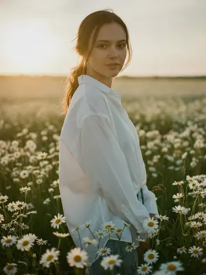 На фотографии в стиле природной летней атмосферы модель находится в обширном поле, усыпанном яркими ромашками, когда солнце уже садится за горизонт. Камера захватывает вертикальный кадр, показывая модель от пояса и выше. Ее тело слегка повернуто в сторону, глаза направлены прямо в объектив, выражение лица спокойное и нежное, с легкой улыбкой. Поза естественная, расслабленная, руки спущены вниз и частично скрыты среди цветов, создавая гармоничное сочетание с окружающей природой. 