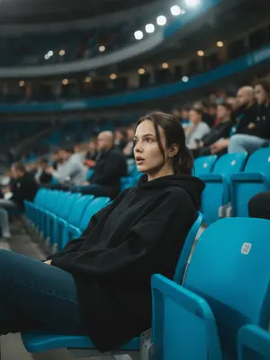A figure in the stands at a major sports event, captured on a distant live broadcast camera. They are perched in a row of azure seats, reclining slightly, their gaze directed to the side in a moment of astonishment, lips subtly agape. 