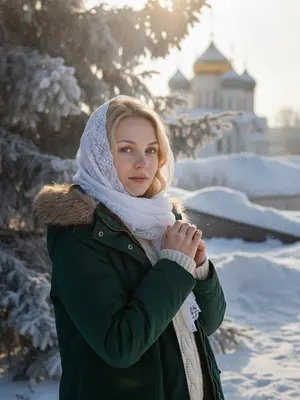 Женщина с макияжем и прической, стоит в полу профиль перед камерой. Ее лицо, не измененное, выглядит точно как на фото. Ладони сложены в мирном жесте, касаясь края белого полупрозрачного платка, который покрывает ее голову. В фоне размытый силуэт православного храма с золотыми куполами, утопающих в заснеженных крышах. Зимнее утро, лучи солнца проникают сквозь иней на ветвях ели. Детально проработаны текстуры кожи, кружева и снега, создавая атмосферу чистоты и духовности. Изображение выполнено в гиперреализме с разрешением 8k, отображая реалистичные ткани зимней одежды и хвои, покрытой инеем. 