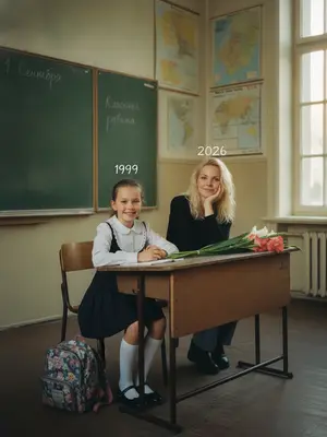 В углу старого уютного класса начала 2000-х стоит деревянная двойная парта, покрытая слоем пыли. Зеленая доска, испещренная мелом, занимает большую часть стены. Выцветшие плакаты с изображениями географических карт и таблиц терминов украшают остальные стены. Теплый утренний свет проникает сквозь высокие оконные рамы, озаряя уголок и создавая атмосферу спокойствия и ностальгии. 