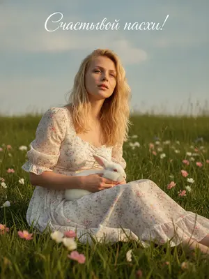 На фотографии в стиле fashion editorial создана атмосфера волшебной пасхальной сказки, олицетворяющей нежность и спокойствие. Модель уютно устроилась на цветущем лугу, окруженном мягкими розовыми и белыми цветами, в легком летнем платье cottage core с нежным цветочным узором, добавляющим романтичности образу.

Сидя на траве, модель нежно гладит кролика, который уютно устроился на ее коленях, его пушистая шерсть создает ощущение теплоты и умиротворения. Взгляд модели наполнен мечтательностью, а ее губы слегка раскрываются в выражении спокойствия.

Фотография выполнена в вертикальном формате среднего плана, камера нежно наклонена вверх, придавая кадру кинематографичный вид. Естественное дневное освещение «golden hour» создает мягкие тени и нежные блики на коже и ткани, подчеркивая пастельные оттенки платья и окружения.

Фон заполнен густой зеленой травой, небо светлого голубого цвета украшено легкими облаками. Волосы модели и трава слегка колышутся летним ветерком, придающим изображению атмосферу легкости и движения.

В центре внимания красуется элегантная каллиграфическая надпись на русском языке, дополняющая композицию и придающая открытке праздничный шарм. Все элементы сливаются вместе, создавая картину нежности и мечтательности, словно мгновение из сказочного мира. 