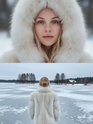 Создай коллаж, сохраняя черты моего лица. В верхней части (близкий план лица в капюшоне): Я, молодая женщина, предстаю в детальном портрете с чувственным выражением лица, закутанная в светлый меховой капюшон. Фон зимний, а мой макияж натуральный и свежий, с румянцем и блеском на губах. Мой взгляд спокойный, направленный прямо в камеру. Фотография имеет кинематографическое качество, глянцевый стиль и естественное зимнее освещение.

В нижней части (спина к озеру): Я стою спиной к камере в светлой меховой шубе, волосы собраны в небрежный пучок. Мои стопы находятся на краю замерзшего озера, а на горизонте виднеются несколько темных деревьев и маленький деревянный домик. Фотография олицетворяет зимний романтизм, с кинематографическим качеством и естественным дневным освещением. Это профессиональная студийная или журнальная съемка в идеальном свете и качестве 8К. 