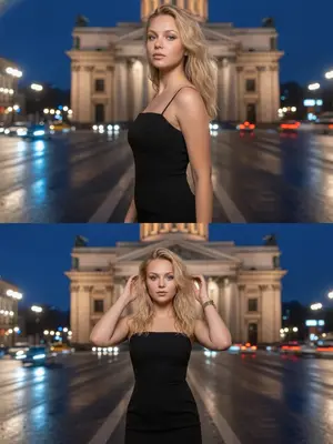 Фотография выполнена в стиле ультрареализма на смартфон, используя камеру Iphone 17 pro. Вертикальный коллаж состоит из двух размытых ночных снимков, разделенных горизонтальной чертой. На заднем плане виднеется величественный собор с колоннами, освещенный теплыми уличными фонарями. Человек, изображенный на обоих кадрах, стоит на дороге, съемка выполнена с низкого ракурса, подчеркивающего архитектурные детали. Небо над городом окрашено в глубокий синий оттенок, а улицы переливаются синими и желтыми огнями. В кадре заметны размытые следы фар и движения машин, создающие атмосферу живого и динамичного городского пейзажа. 