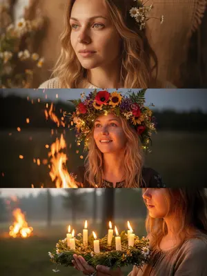 Create a triptych photo series with three distinct panels.

Panel One: A woman's face in a close-up, angled slightly to the side, set against a soft, textured background. Her eyes are contemplative, looking towards the right, evoking a sense of introspection. Her hair is styled elegantly, catching the light to give it a radiant glow. Delicate flowers adorn her hair, adding a touch of whimsy. The lighting is gentle and warm, enveloping the scene in a cozy ambiance. The background is softly blurred, adding an air of mystery and depth to the composition.

Panel Two: Another close-up of the woman's face, this time gazing upwards, illuminated to highlight the texture of her skin. She meets the viewer's gaze with a genuine smile, her expression open and inviting. The floral wreath she wears appears vibrant and unconventional, infusing the scene with a festive energy. In the foreground, a bonfire flickers realistically, sending sparks dancing into the air, injecting a sense of movement. Rich, balanced colors create a striking visual impact, capturing the essence of a ritual and immersing the viewer in a magical atmosphere.

Panel Three: Close-up of a girl's hands cradling a wreath of flowers and candles, the soft glow of the candles casting a romantic light. The twilight setting is beautifully captured, with a subtle luminosity that enhances the intricate details. The shot is framed from an intriguing angle, offering a glimpse of the girl and the natural surroundings. Natural lighting with a hint of haze adds a touch of mystery and romance to the scene.

Overall, the series exudes a natural, warm, and enchanting vibe. Each panel harmonizes seamlessly to create a lively atmosphere, with meticulous attention to detail and the use of soft lighting enhancing the expressive and memorable quality of the images. 