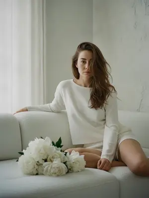 Изображение, которое кажется высокой модой. Снято на пленку среднего формата и отредактировано в холодных тонах с едва заметным теплым оттенком, напоминающим стили Vogue или Jacquemus.

В центре внимания портрет девушки, сидящей на белоснежном диване с букле-фактурой и четкими геометрическими формами. Ее поза расслабленная, но в то же время осознанная, с одной ногой поджатой и корпусом слегка повернутым к камере. Взгляд прямой, холодный и уверенный.

Одежда состоит из белого минималистичного комплекта из плотного трикотажа премиум-класса - лонгслива и коротких шорт. Ткань матовая, плотная, с незаметным рельефом вязки. Кожа девушки естественная, ухоженная, с легким сиянием изнутри.

В дополнение к сцене, на диване рядом лежит роскошный букет цветов премиального качества с крупными, плотными цветками без изъянов.

Фон представлен стеной с фактурной венецианской штукатуркой оттенка "белый трюфель" и высоким окном с тонкой льняной шторой. Освещение мягкое, рассеянное, идущее из окна слева, создающее деликатные тени и ореол на волосах.

Изображение создает атмосферу сдержанной роскоши, тишины дорогого утра, напоминающую разворот в Vogue Italia или кампанию французского бренда, сделанное камерой Hasselblad или Leica с пленкой среднего формата. 