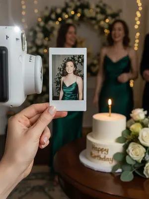 Transform the original image into a luxurious birthday party setting, maintaining the person's unique features and identity. The scene should exude an intimate, candid vibe, reminiscent of a spontaneous snapshot taken with an iPhone in dim lighting. The focus should be on a white instant camera capturing a freshly printed polaroid photo, held by a natural-looking hand with polished nails if suitable.

The polaroid should display the person elegantly posing at their birthday celebration, exuding confidence and refinement. Their outfit should be transformed into a polished, gender-appropriate birthday look that complements the original reference photo. In the background, a subtly blurred image of the person in the same outfit should be visible, creating a harmonious composition.

Surrounding the scene, include tasteful birthday decorations such as elegant flowers that match the subject's outfit and the overall color scheme. A birthday cake with a single lit candle, adorned with neat "Happy Birthday" icing, should be placed to the side. The lighting should be a mix of direct flash highlights, warm candle glow, and soft party lights, enhancing the atmosphere of the luxury birthday setting.

Maintain a realistic aesthetic with attention to detail, ensuring no changes to the person's facial structure, identity consistency between the polaroid and background, or deviations from the elegant and cohesive color palette of the original reference image. 