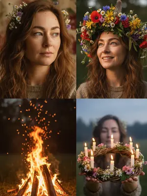 Create a triptych photo series with three distinct panels.

Panel One: A woman's face in a close-up, angled slightly to the side, set against a soft, textured background. Her eyes are contemplative, looking towards the right, evoking a sense of introspection. Her hair is styled elegantly, catching the light to give it a radiant glow. Delicate flowers adorn her hair, adding a touch of whimsy. The lighting is gentle and warm, enveloping the scene in a cozy ambiance. The background is softly blurred, adding an air of mystery and depth to the composition.

Panel Two: Another close-up of the woman's face, this time gazing upwards, illuminated to highlight the texture of her skin. She meets the viewer's gaze with a genuine smile, her expression open and inviting. The floral wreath she wears appears vibrant and unconventional, infusing the scene with a festive energy. In the foreground, a bonfire flickers realistically, sending sparks dancing into the air, injecting a sense of movement. Rich, balanced colors create a striking visual impact, capturing the essence of a ritual and immersing the viewer in a magical atmosphere.

Panel Three: Close-up of a girl's hands cradling a wreath of flowers and candles, the soft glow of the candles casting a romantic light. The twilight setting is beautifully captured, with a subtle luminosity that enhances the intricate details. The shot is framed from an intriguing angle, offering a glimpse of the girl and the natural surroundings. Natural lighting with a hint of haze adds a touch of mystery and romance to the scene.

Overall, the series exudes a natural, warm, and enchanting vibe. Each panel harmonizes seamlessly to create a lively atmosphere, with meticulous attention to detail and the use of soft lighting enhancing the expressive and memorable quality of the images. 