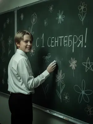 Портрет ребенка в школьном классе: на фоне огромной доски с цветами и рисунками, покрытой тонким слоем мела. Ребенок стоит боком, пишет на доске "с 1 сентября!" и улыбается камере. В руке у него кусочки мела, пальцы и рукав покрыты белой меловой пылью. Фото в низком свете с высоким контрастом, глубокими тенями, зелеными оттенками, матовым финишем и мягким светом. В кадре присутствует пленочное зерно, 8К разрешение и живая атмосфера. 