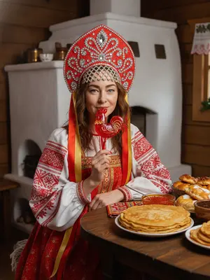 Изображение женщины в традиционном русском костюме Масленицы. На ее голове великолепный кокошник ярко-красного цвета, украшенный бриллиантами, стразами и длинными лентами, которые волнуются по сторонам. 