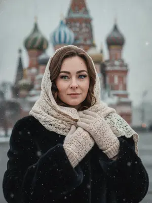 На фотографии изображен портрет груди девушки. Она одета в черную шубу, а плечи, голова и грудь украшены светлым кружевным мохеровым шарфом. Также на ней надеты варежки из того же материала. Одна рука девушки ласкает другую, а их ладони переплетены и покоятся на груди. Лицо девушки, обращенное к камере, украшает легкая задумчивая улыбка, а ее глаза смотрят влево. Густо накрашенные ресницы придают ей загадочный вид. На заднем плане зимний пейзаж с собором Василия Блаженного в Москве, покрытым снегом. Фон сильно размыт, словно под воздействием снегопада. Вся сцена пронизана легким холодным эффектом и зернистостью, что создает атмосферу зимнего волшебства. 
