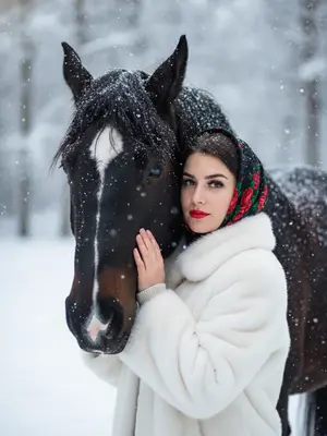 На картинах показана зимняя идиллия с девушкой и лошадью. Пушистый снег медленно опускается, окутывая все вокруг белым покрывалом. Девушка, укутанная в теплую шубу, нежно обнимает лошадь. Ее глаза украшены длинными ресницами, а на губах сверкает красная помада. Черный платок с ярким цветочным узором, включающим красные розы и зеленые листья, украшает ее голову. Лошадь темной масти с белым ромбовидным пятном на лбу стоит рядом, украшенная упряжью. Их шерсть усыпана снежинками, создавая волшебную атмосферу зимнего волшебства. Вдали виднеется размытый зимний пейзаж с снежными деревьями, дополняя картину пушистой белой шубы на девушке. 