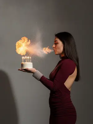На фотографии, которая кажется почти фотокопией реальности, запечатлено удивительное событие, происходящее на празднике. Человек, изображенный в профиль, держит в руках крошечный белоснежный торт-бенто с мерцающими свечами. Из уст человека вырывается облако белой сахарной пудры, направленное к пламени свечей, вызывая внезапное вспышечное пламя, похожее на шар. В воздухе над тортом смешиваются пламя и частицы белой пудры, создавая удивительный эффект. Фон студии серый и нейтральный, с резкой тенью, добавляющей контраст. Качество изображения высокое, словно остановлен мгновенный кадр. 