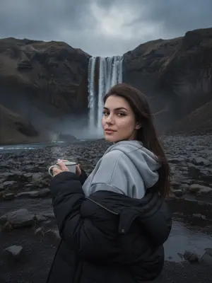 Женщина на фотографии выглядит очень естественно, словно она попала в объектив случайно. Снимок сделан на iPhone, что придает ему особую атмосферу. Освещение холодное и слегка приглушенное, создавая легкую тень на ее лице. У нее минималистичный макияж, подчеркивающий естественную красоту, а волосы свободно падают на плечи. Она одета в уютный свитер, который гармонично сочетается с фоном. На запястье виден стильный браслет, а в руках она держит чашку с горячим напитком. Вся композиция наполнена атмосферой уюта и спокойствия, а легкая зернистость изображения придает ему характер. 