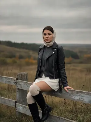 На фотографии запечатлена женщина, удобно устроившаяся на обветшалом деревянном заборе, который частично разрушен и окрашен в серые тона. За ней раскинулся осенний пейзаж с холмами, на которых виднеются сухие травы и зеленые склоны, а вдали можно различить нечеткие силуэты деревьев. Атмосфера снимка пронизана легкой меланхолией, облака затянули небо, а мягкий рассеянный свет создает спокойное настроение. Цветовая палитра состоит из приглушенных оттенков: серых, коричневых и зеленых, отражающих природу в это время года.

Женщина сидит на верхней планке забора, одна рука опирается на заднюю часть конструкции, а корпус чуть повернут к зрителю, взгляд сосредоточен на камере. Кадр вертикальный и близкий, так что она занимает почти все пространство изображения - от колен или середины бедер до головы. Камера расположена на уровне груди, что позволяет увидеть заброшенный забор в переднем плане, не отвлекая внимание от ее лица и позы. За женщиной виднеются осенние холмы и деревья, слегка размытые, что добавляет глубины композиции. Вокруг нее почти нет пустого пространства, акцент сделан именно на ее выражении и позе. 8K. 
