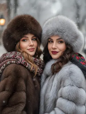 Создан кадр, который излучает теплоту и уют зимнего времени, пропитанный легкой ноткой ностальгии в стиле моды и фольклора. В атмосфере царит спокойствие, элегантность и дружественная близость между двумя моделями. Одна из них утонченно одета в мех и украшена профессиональным макияжем, другая же в фольклорном стиле с вышитым шарфом.

Композиция кадра вертикальная, в формате портрета соотношением 3:4. Две женщины занимают центральное место, их тела и головы видны на уровне груди, причем правая модель немного ближе к камере. Они стоят рядом, прижавшись друг к другу, с плечами, слегка повернутыми к объективу. Взаимодействие между ними выражено мягкой улыбкой, закрытым выражением лица и уверенным взглядом в камеру, что создает дружелюбную и теплую атмосферу.

В области лиц и макияжа у обеих моделей гладкая кожа с естественным сияющим эффектом. Глаза украшены аккуратными бликами, придающими живость взгляду, а макияж теней выполнен в нейтральных и теплых тонах. Брови имеют естественную форму и легко подчеркнуты, а губы украшены насыщенным матовым красным оттенком у одной модели и нежно-розовым у другой. Волосы украшают свободные пряди с легкой волной, придавая образу естественность.

Шапки, которые дамы носят, большие и пушистые, с очень четкой текстурой меха. Справа представлена светло-серая шапка, а слева коричневая. Они высокие, округлые, плотно облегают голову, частично закрывая лоб и создавая рамку вокруг лица. Верхняя одежда выполнена из густого натурального меха, коричневого у одной модели и светло-серого у другой, с богатой текстурой и объемом. У девушки справа на плече носит маленький платок с т 