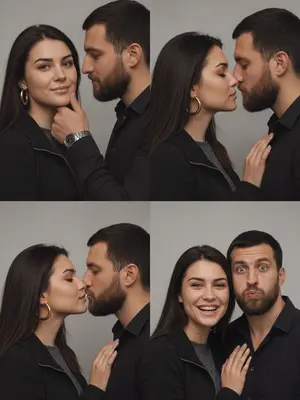 Создайте фотографию в стиле фотобудки 2×2, объединяющую четыре интимных портрета стильной пары. Каждый кадр показывает различную позу и выражение лица, но лица остаются неизменными. Расположите портреты в бесшовной сетке 2×2, чтобы создать кинематографический коллаж с эмоциональным контрастом. 