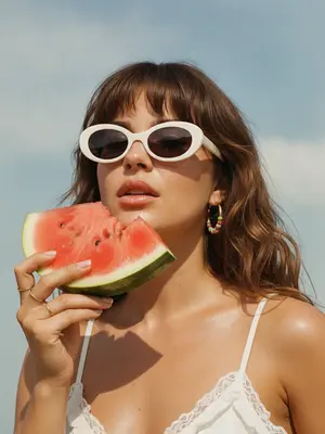 Летний fashion-портрет, созданный в стиле пленочной эстетики, представляет собой крупный план женского лица и верхней части тела. Взгляд женщины направлен прямо в камеру, губы слегка раскрыты, а в руке она держит ярко-красный ломоть арбуза, который подносит к губам. Ее голова слегка приподнята, а лицо выражает чувственное и легкое летнее настроение.

Женщина одета в белый топ с кружевными рюшами на тонких бретелях. Украшения включают золотые серьги с яркими бусинами и тонкие кольца из золота. Ее загорелая кожа сияет на солнце с легким влажным блеском. Макияж натуральный, с ровным светящимся тоном, выразительными бровями, мягкими тенями и глянцевыми губами.

Фоном для портрета служит ясное голубое летнее небо с нежными белыми облаками. Яркий солнечный свет создает глянцевые блики на коже и сочные тени, наполняя сцену ощущением знойного дня. Цветовая коррекция придает изображению теплые насыщенные тона, а мягкий контраст между голубым небом и теплой кожей добавляет летнего редакторского вайба. 