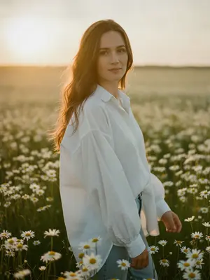 На фотографии в стиле природной летней атмосферы модель находится в обширном поле, усыпанном яркими ромашками, когда солнце уже садится за горизонт. Камера захватывает вертикальный кадр, показывая модель от пояса и выше. Ее тело слегка повернуто в сторону, глаза направлены прямо в объектив, выражение лица спокойное и нежное, с легкой улыбкой. Поза естественная, расслабленная, руки спущены вниз и частично скрыты среди цветов, создавая гармоничное сочетание с окружающей природой. 