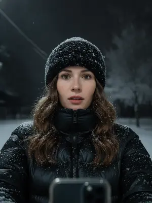 На снежной улице в ночное время, женщина делает селфи крупным планом. Ее волосы и глаза выглядят выразительно, украшенные снежинками. Зимняя шапка из искусственного меха на ее голове почти полностью покрыта снегом, так же как и пуховая куртка на плечах и воротнике.

Мягкий холодный свет ночи освещает ее сверху и слегка сбоку, придает легкое сияние щекам и создает легкие отражения на куртке. 

Женщина держит камеру ниже уровня глаз, снимая свое лицо снизу вверх. Ее губы слегка раскрыты, лицо выражает спокойствие, но при этом остается выразительным. 

Фоном служит темное зимнее небо, едва заметные ветви деревьев покрыты инеем, создавая минимальную видимость для придания драматического настроения. 

Атмосфера снимка – холодная и кинематографичная, наполненная чистой зимней энергией. Портрет выглядит стильно и современно, с черными шапкой и курткой, естественной текстурой и деталями. 